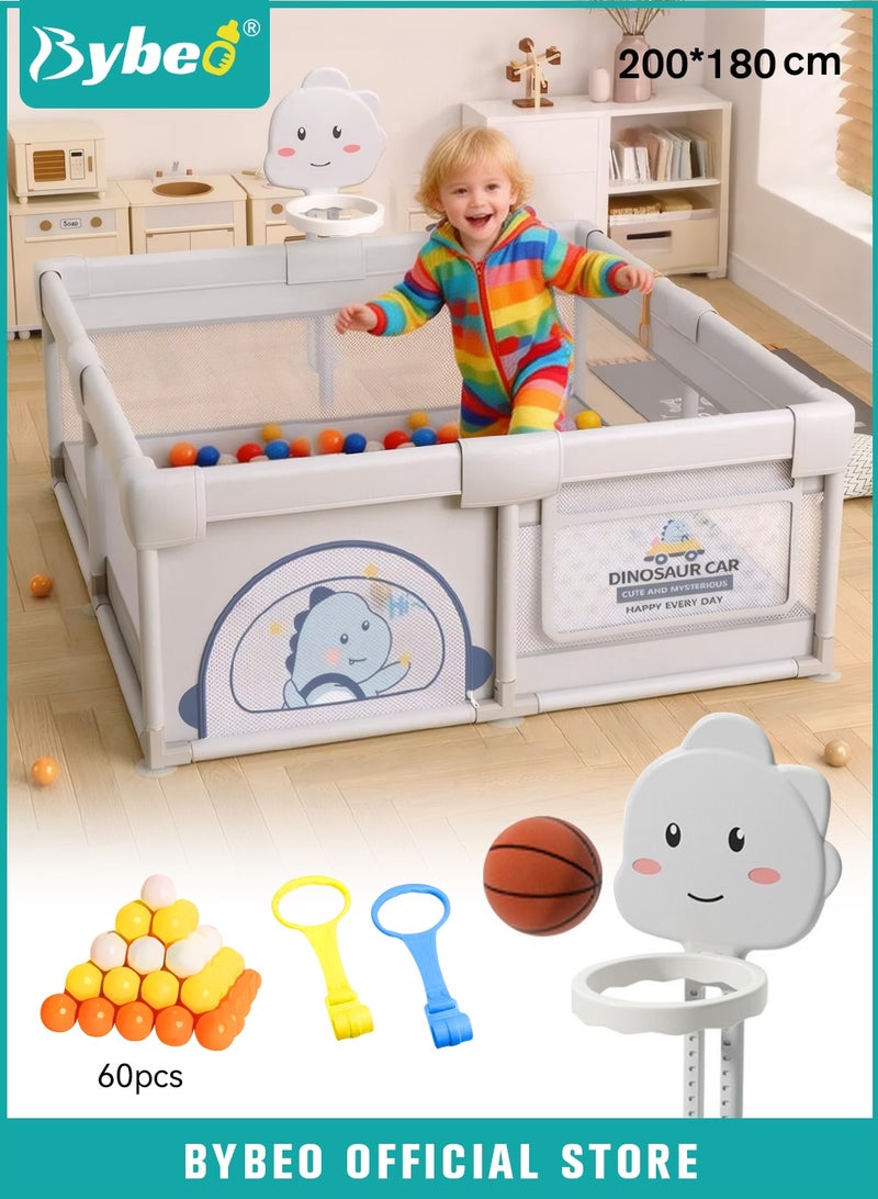 Bybeo Baby Playpen Fence, Portable Baby Playard for Toddlers, Safety Infant Activity Center, Sturdy Play Area with Basketball Ball and Hoop, 2 Pull Rings, 60 Ocean Balls, 180x200cm - Image 1